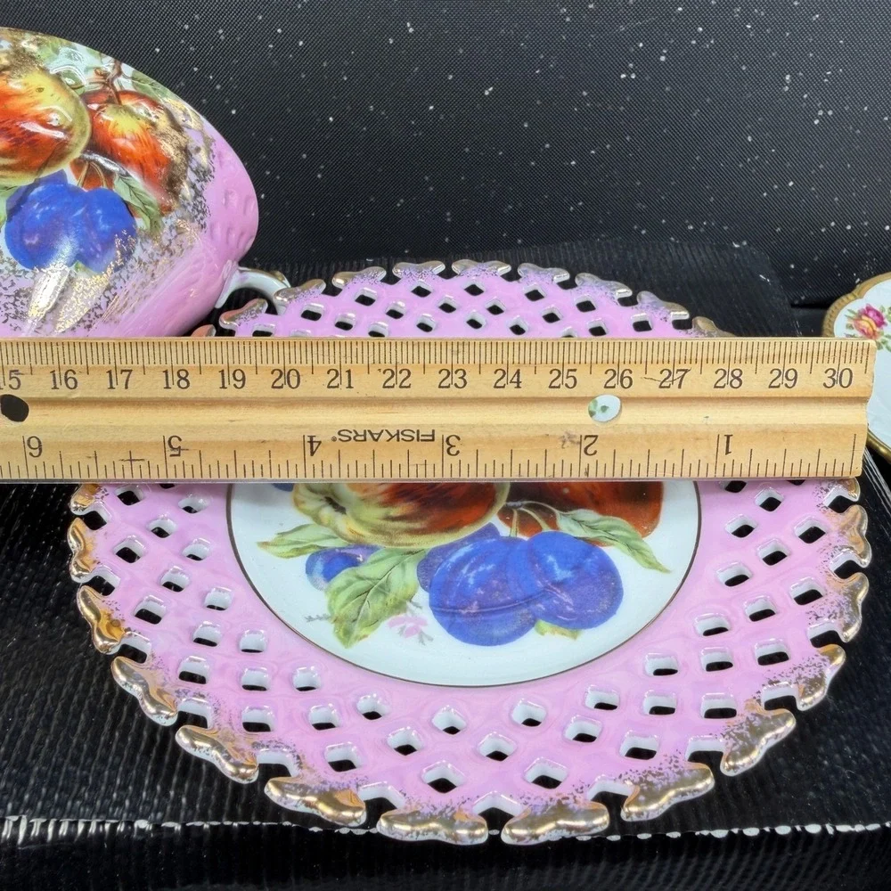 Royal Halsey Very Fine Pink Fruit Reticulated Tea Cup and Saucer Set Gold Gilt